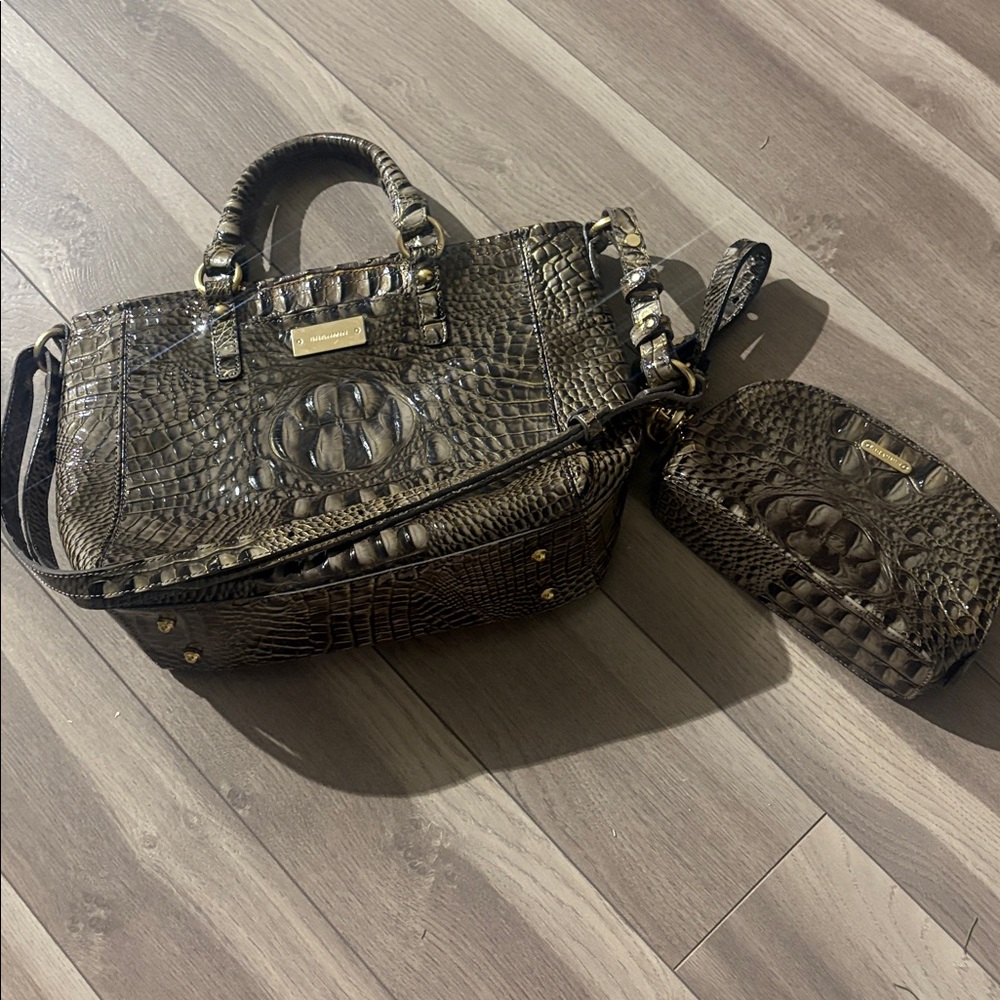 Brahmin Embossed Leather Satchel Set in Grey